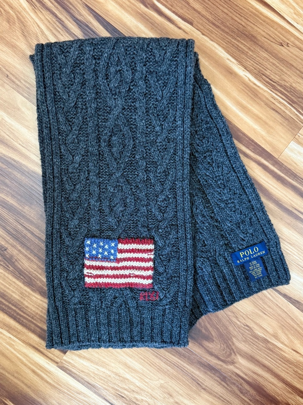 Vintage 90’s Polo by Ralph Lauren Charcoal Cable Knit Scarf with American Flag